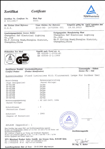 Changzhou D & Y Electrical Lighting Co.,Ltd certificate